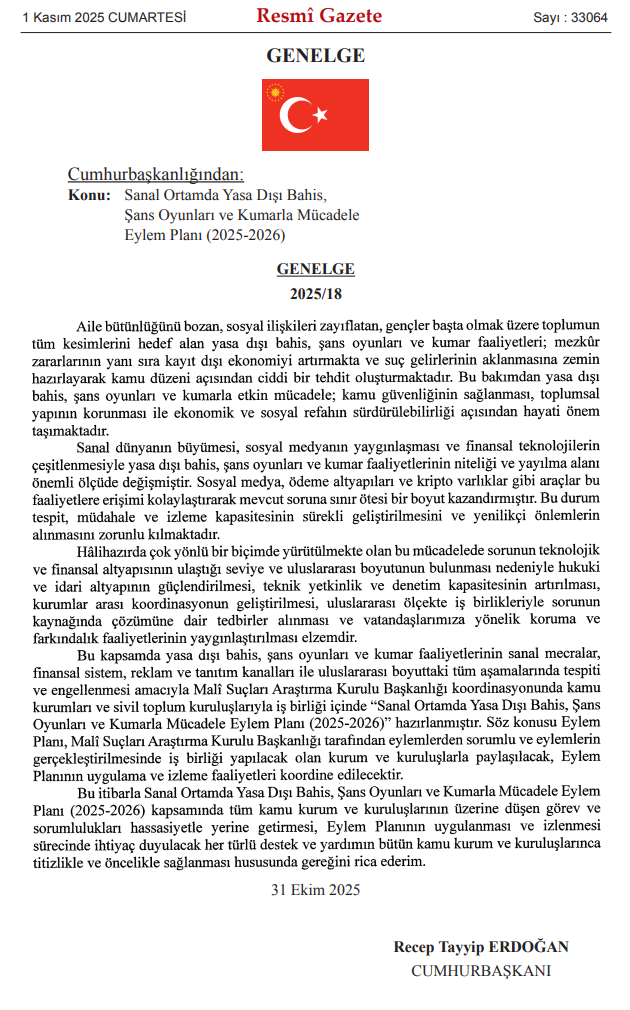 Resmî gazete'de bugün yayımlanan 33064 sayılı genelge 2025/18