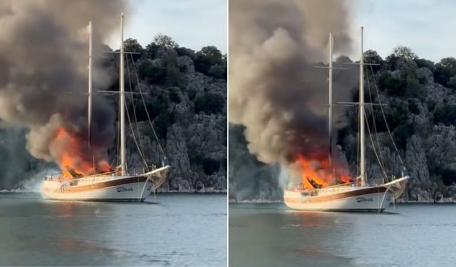 Antalya Kekova açıklarında yat alev alev yandı