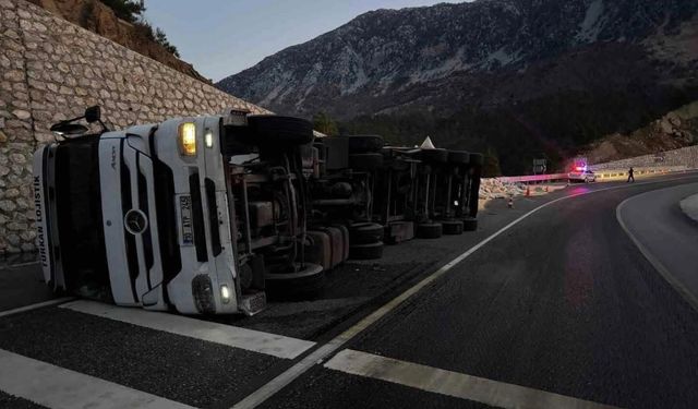 Karayolunda yem yüklü tır devrildi: 2 yaralı